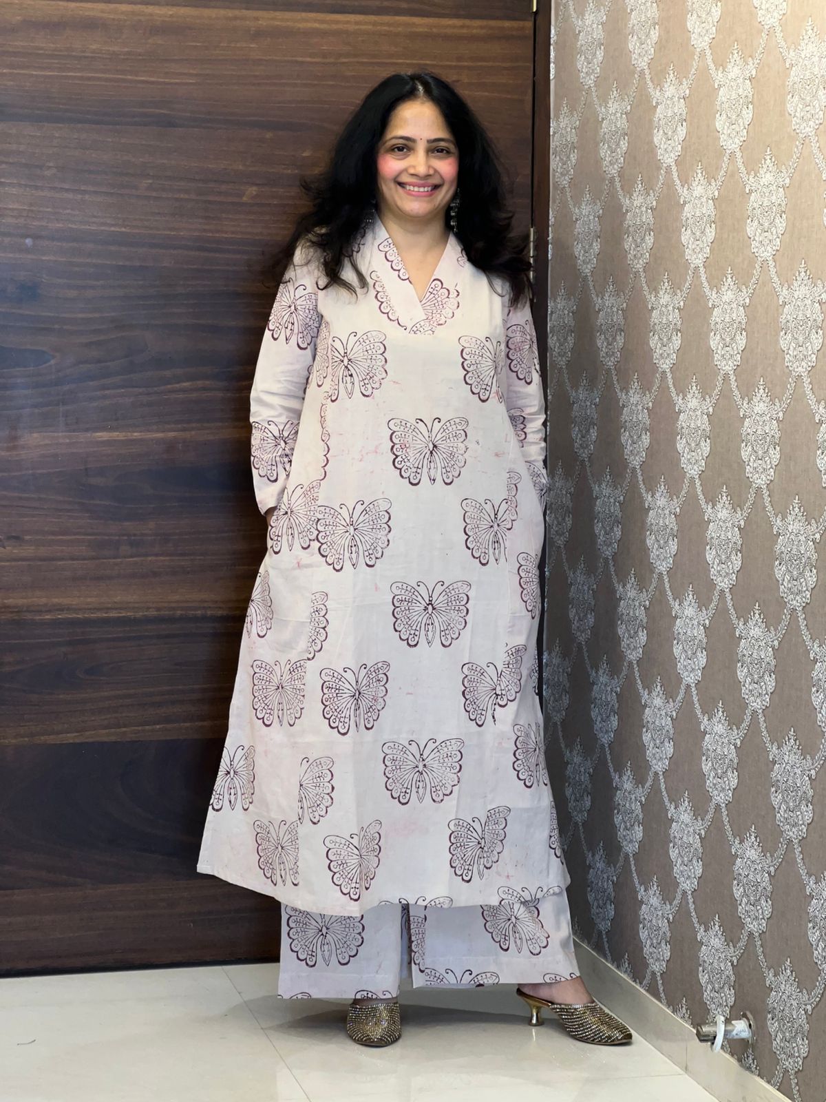 Light Pink Color Dabu Hand Block Print Pure Cotton A Line Kurti With Palazzo