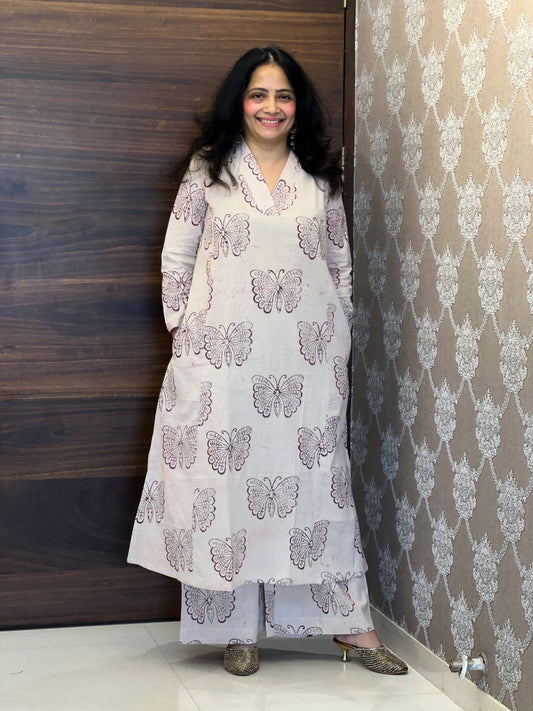 Light Pink Color Dabu Hand Block Print Pure Cotton A Line Kurti With Palazzo