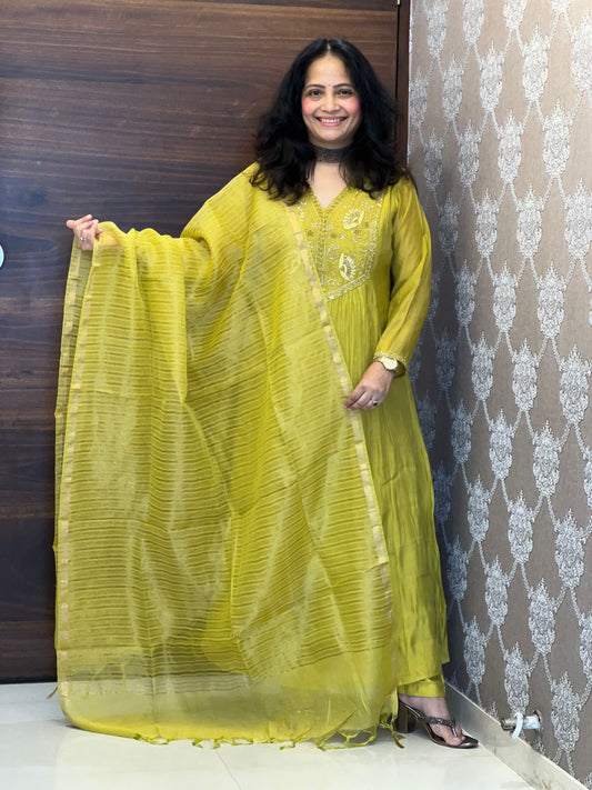 Mustard Color Mul Chanderi Dupatta Set