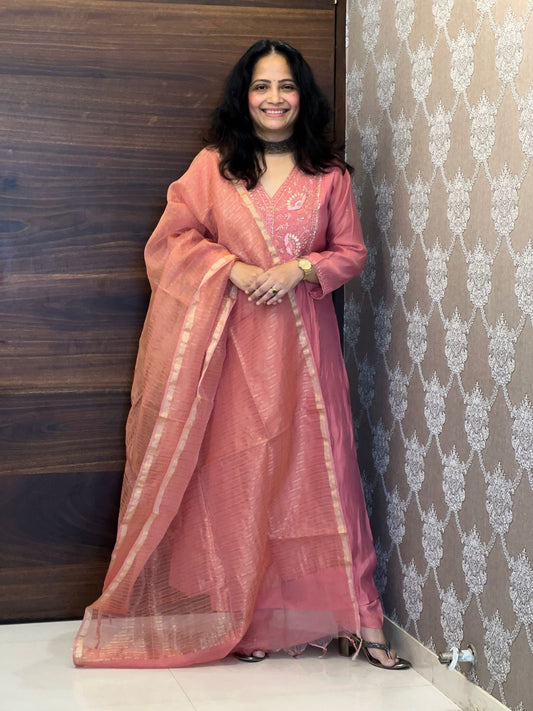 Pink Color Mul Chanderi Dupatta Set