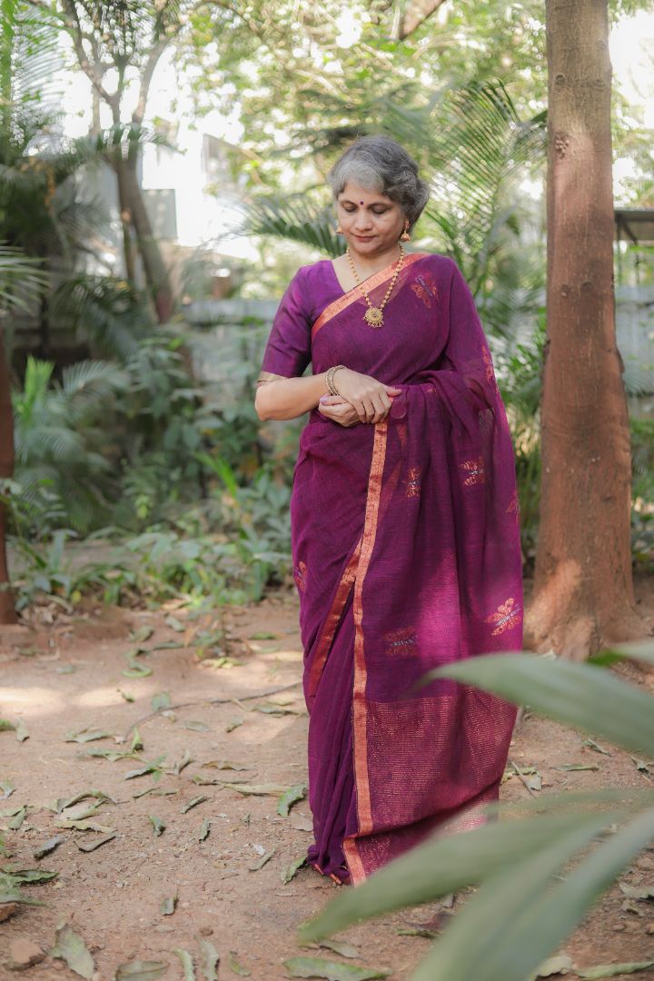 Dark purple/Blue/Brown Shade - Linen Jamdani