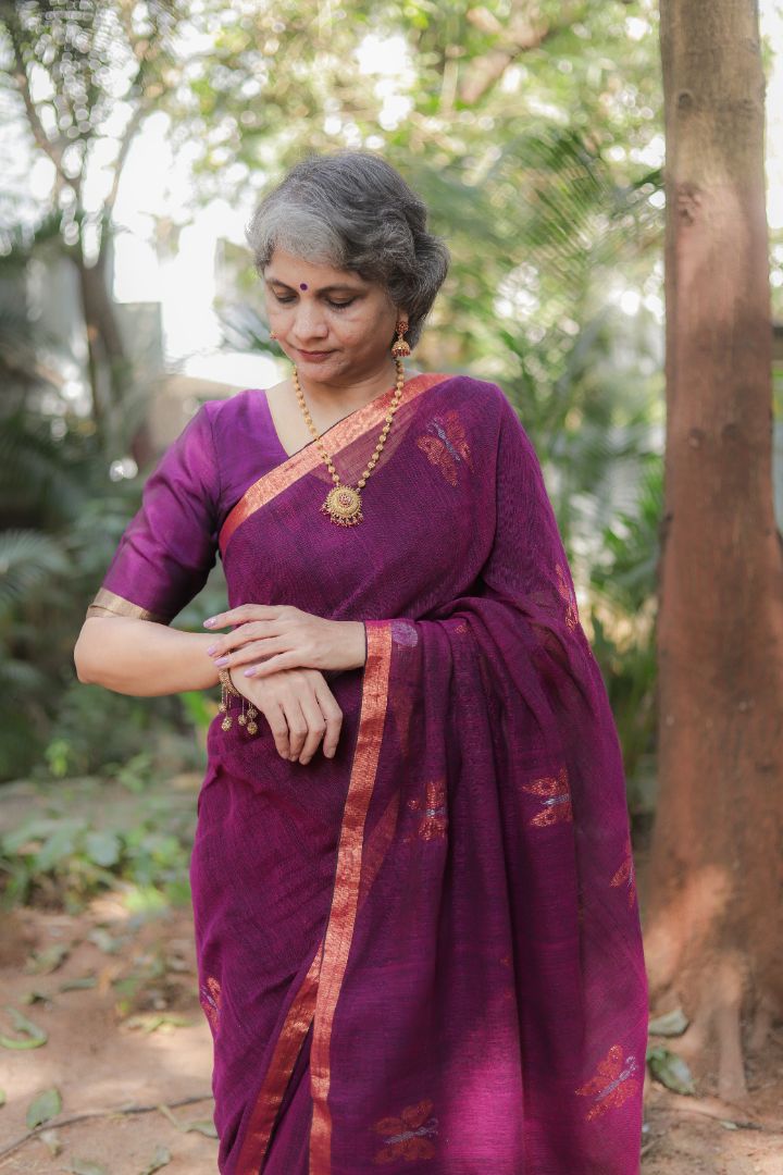 Dark purple/Blue/Brown Shade - Linen Jamdani