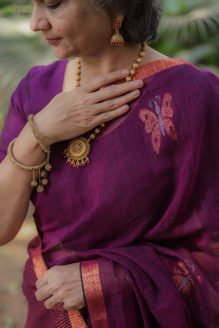 Dark purple/Blue/Brown Shade - Linen Jamdani