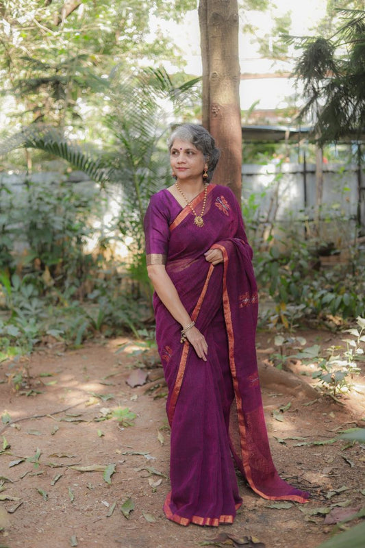 Dark purple/Blue/Brown Shade - Linen Jamdani