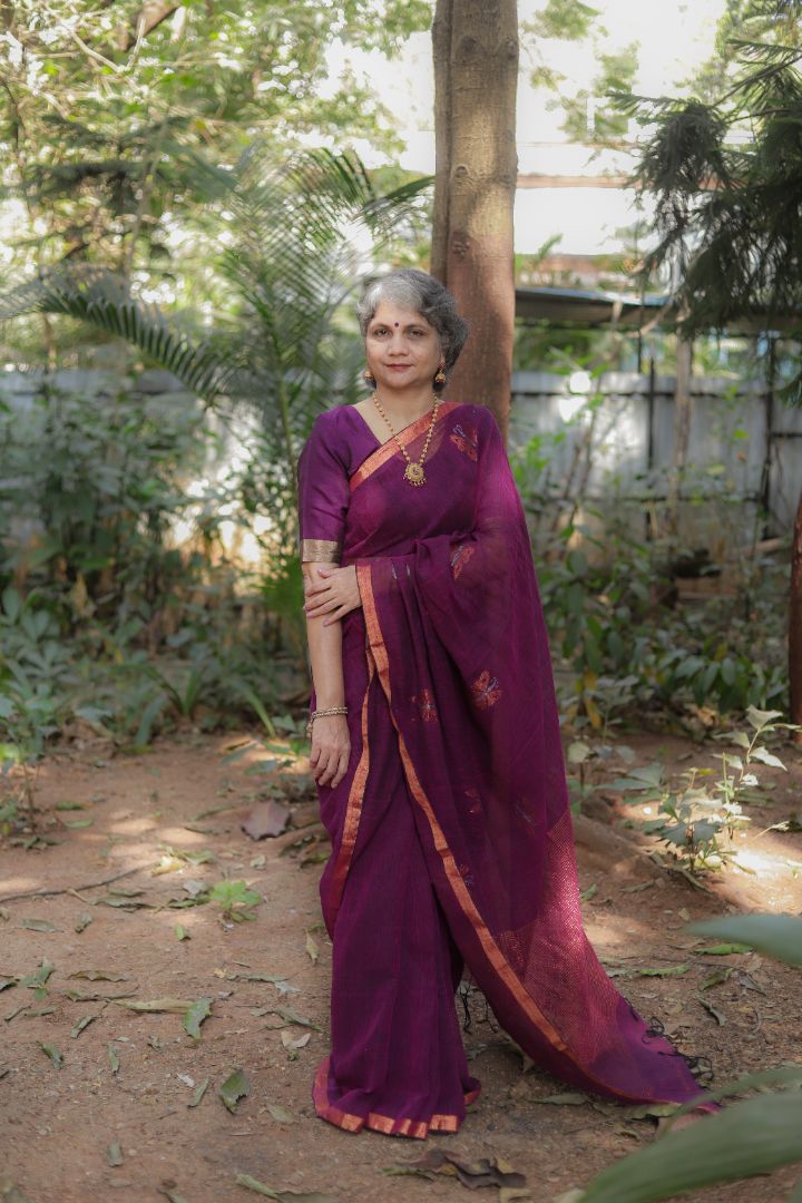 Dark purple/Blue/Brown Shade - Linen Jamdani