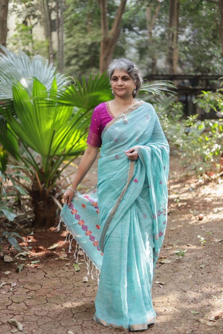 Pastel Green/Blue Shade - Linen jamdani saree