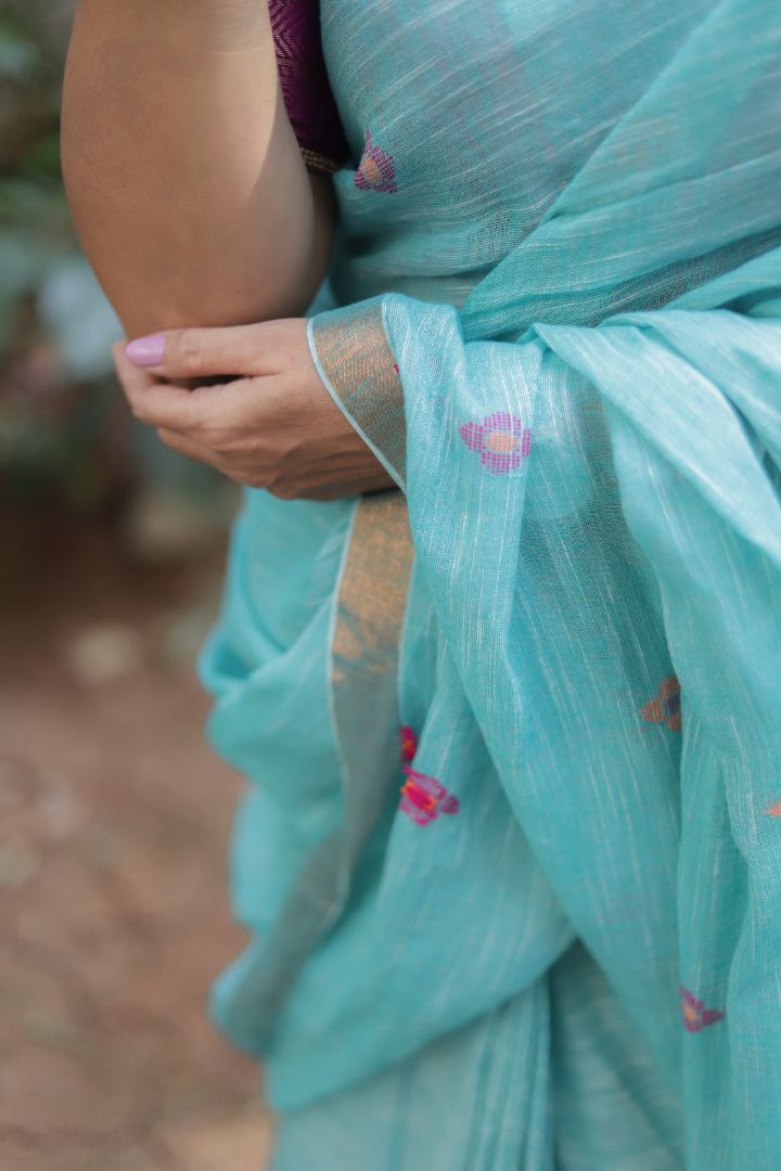 Pastel Green/Blue Shade - Linen jamdani saree