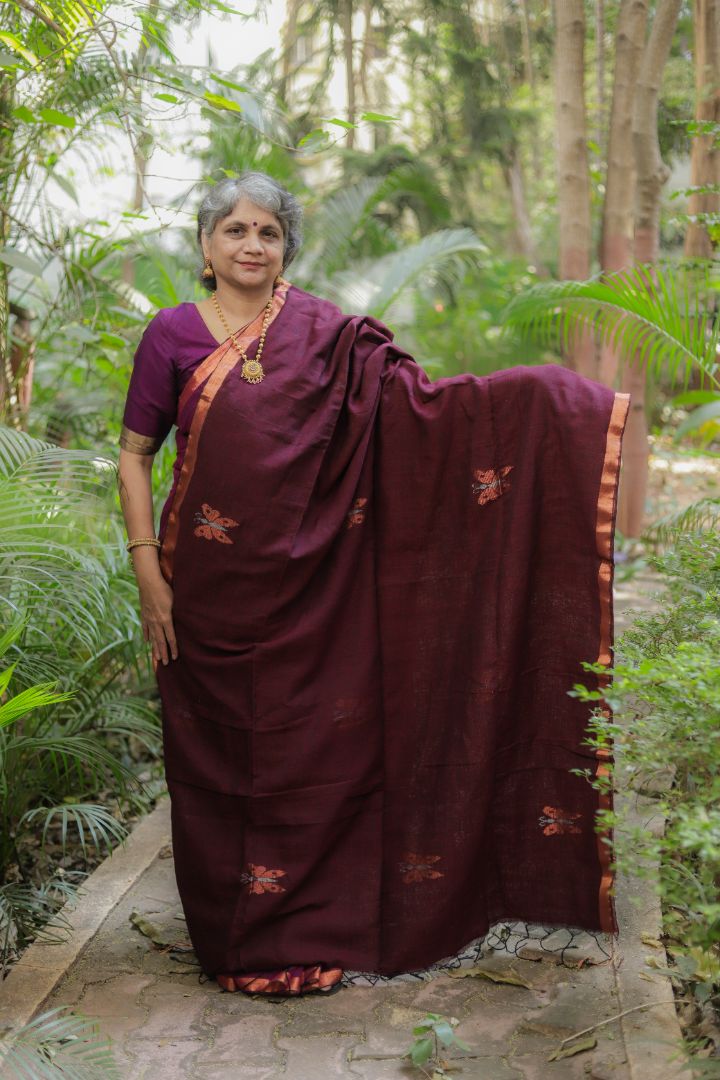 Dark purple/Blue/Brown Shade - Linen Jamdani