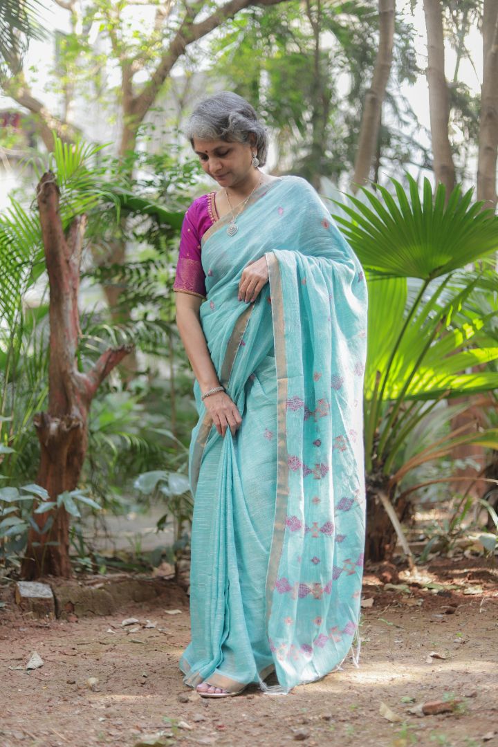 Pastel Green/Blue Shade - Linen jamdani saree