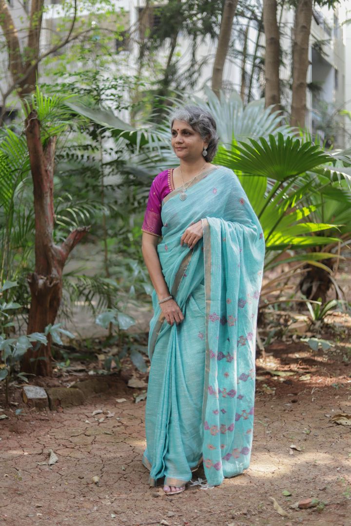 Pastel Green/Blue Shade - Linen jamdani saree
