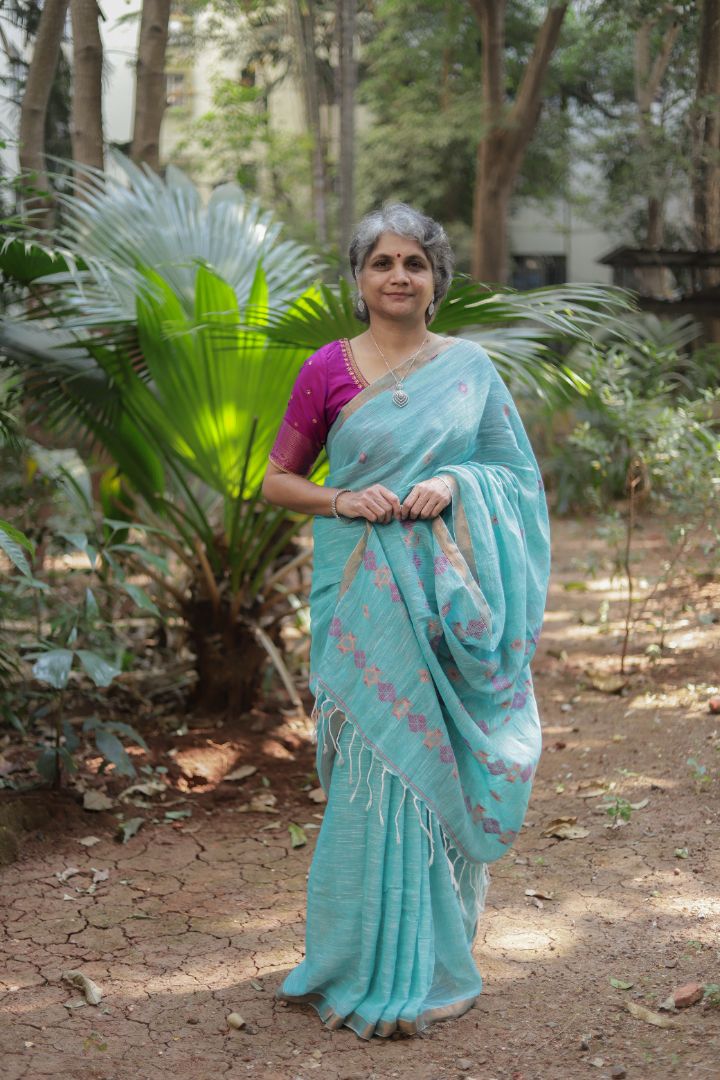 Pastel Green/Blue Shade - Linen jamdani saree
