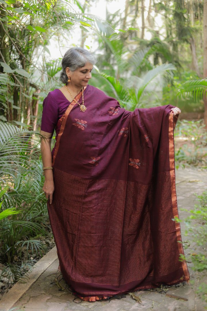 Dark purple/Blue/Brown Shade - Linen Jamdani