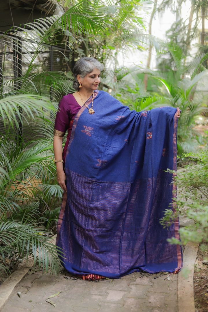 Dark purple/Blue/Brown Shade - Linen Jamdani