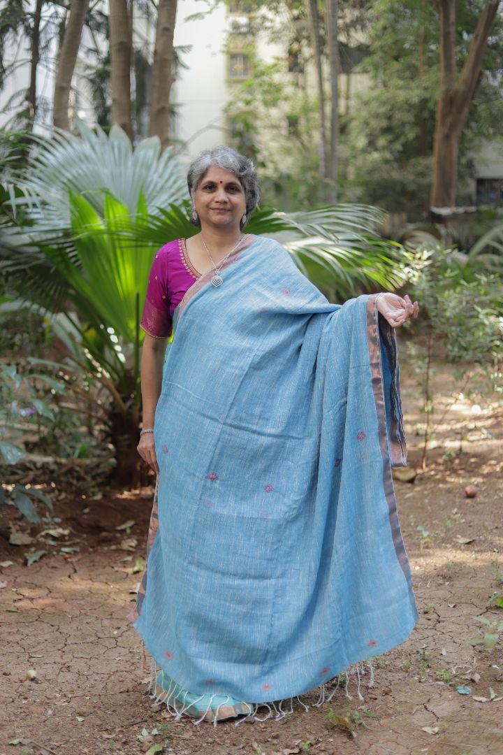 Pastel Green/Blue Shade - Linen jamdani saree