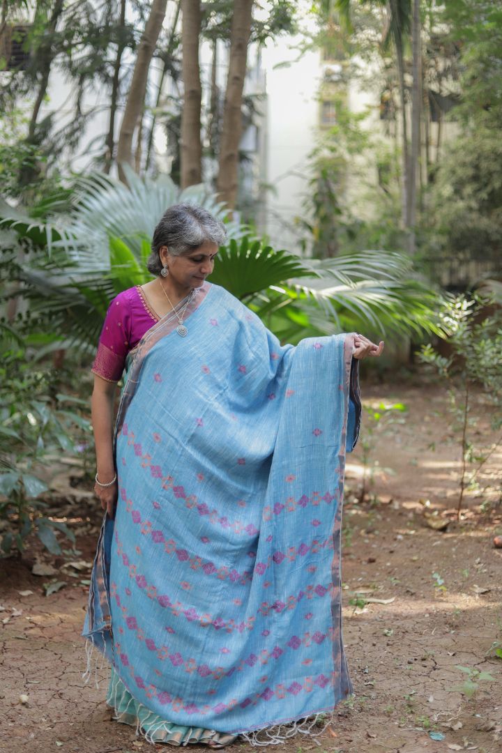 Pastel Green/Blue Shade - Linen jamdani saree