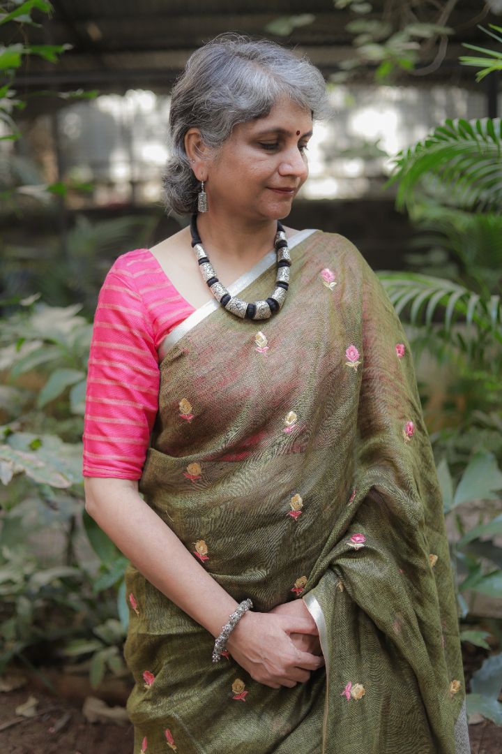 Light Green/Burgundy With Roses -Organic Linen