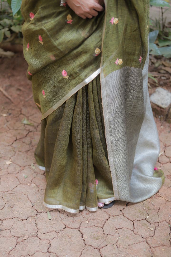 Light Green/Burgundy With Roses -Organic Linen