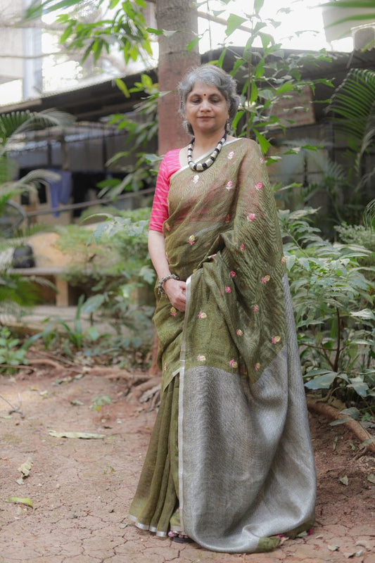 Light Green/Burgundy With Roses -Organic Linen