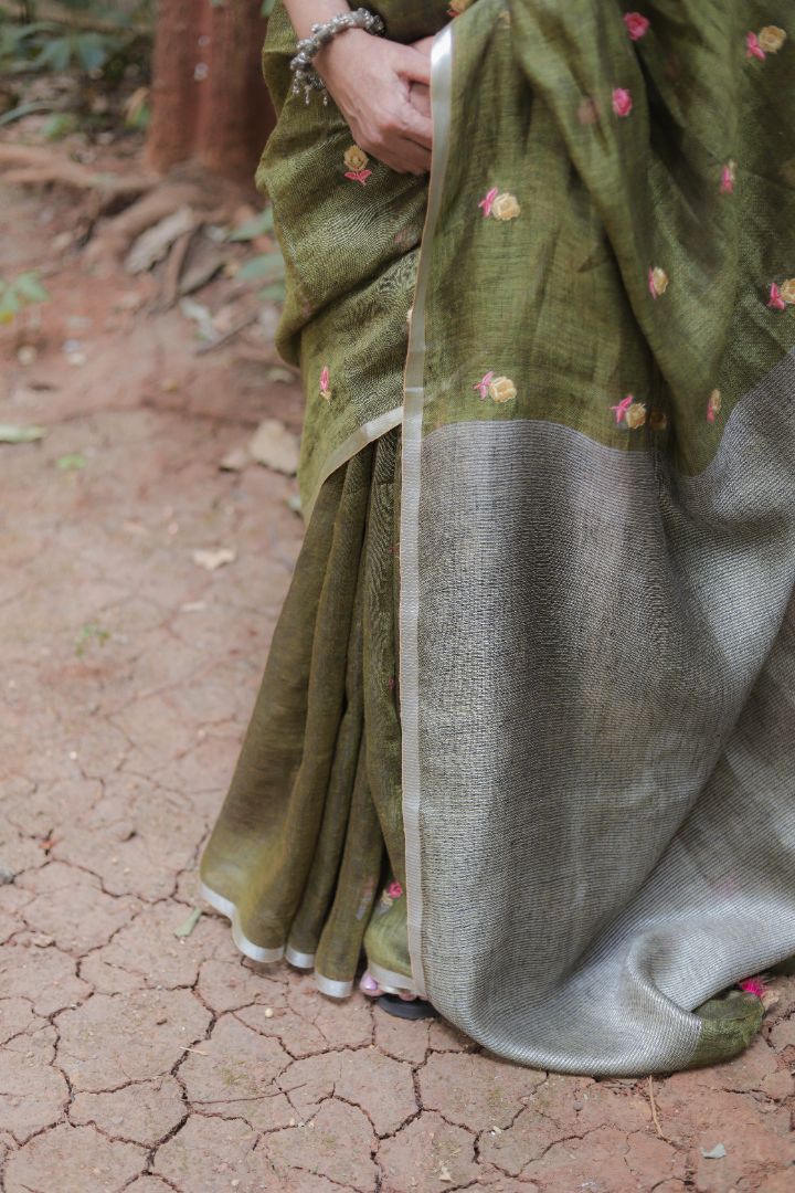 Light Green/Burgundy With Roses -Organic Linen