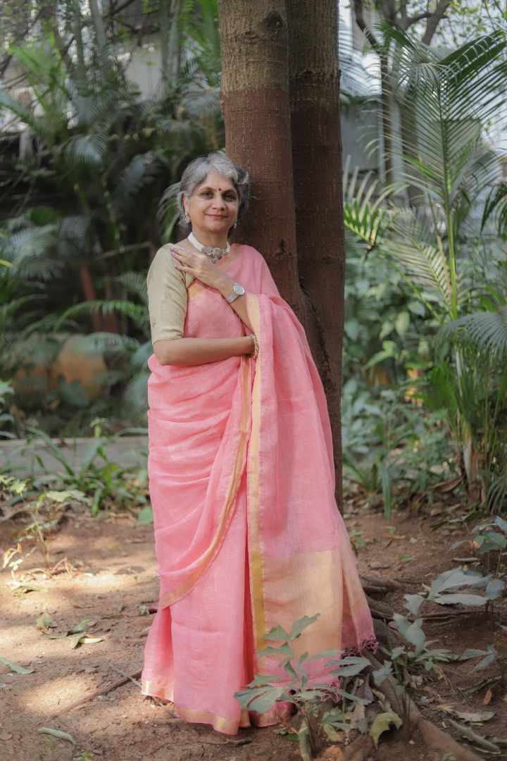 Pink/Orange/Green Shade - Silk Linen Zari Work Sarees