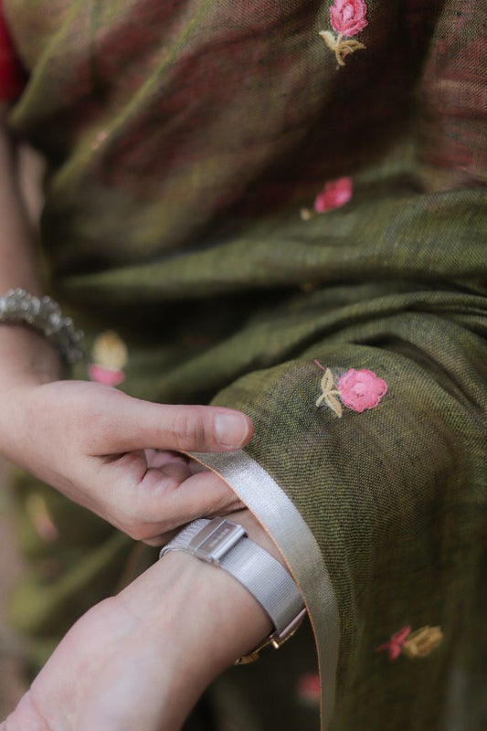 Light Green/Burgundy/Brown With Roses -Organic Linen