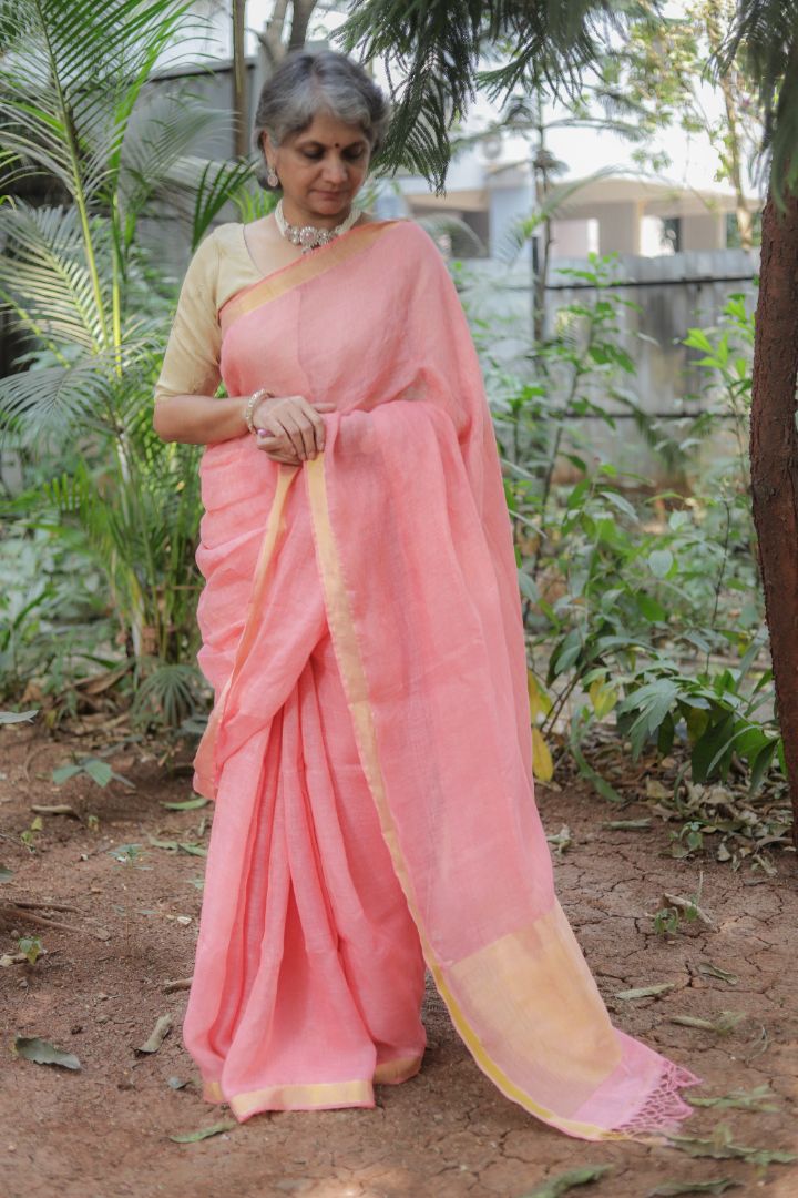 Pink/Orange/Green Shade - Silk Linen Zari Work Sarees