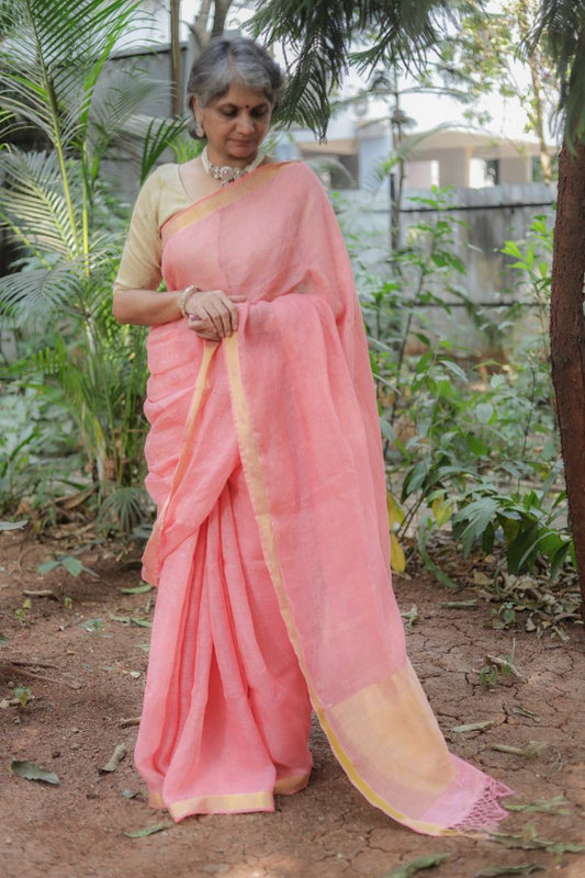 Pink/Orange/Green Shade - Silk Linen Zari Work Sarees