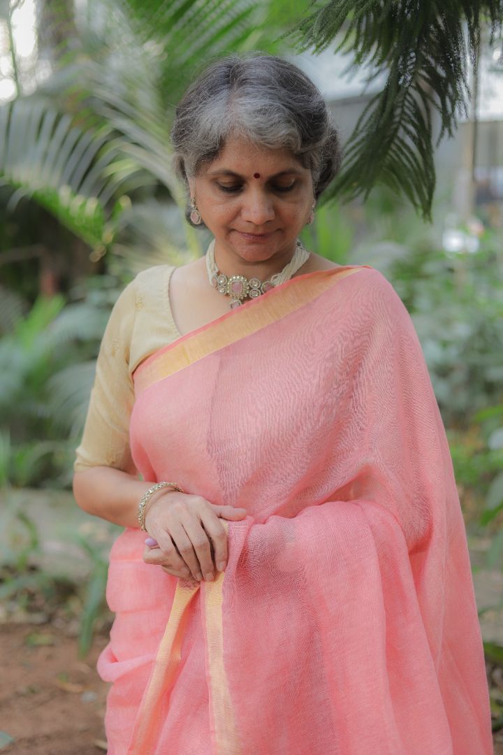 Pink/Orange/Green Shade - Silk Linen Zari Work Sarees