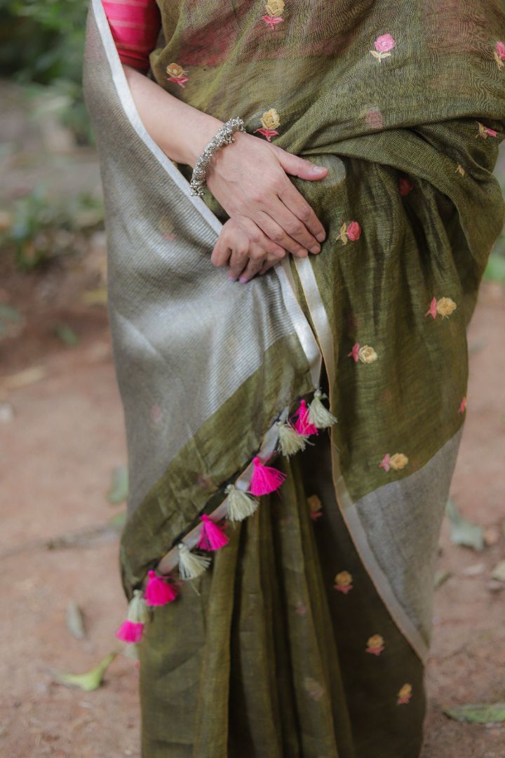 Light Green/Burgundy With Roses -Organic Linen