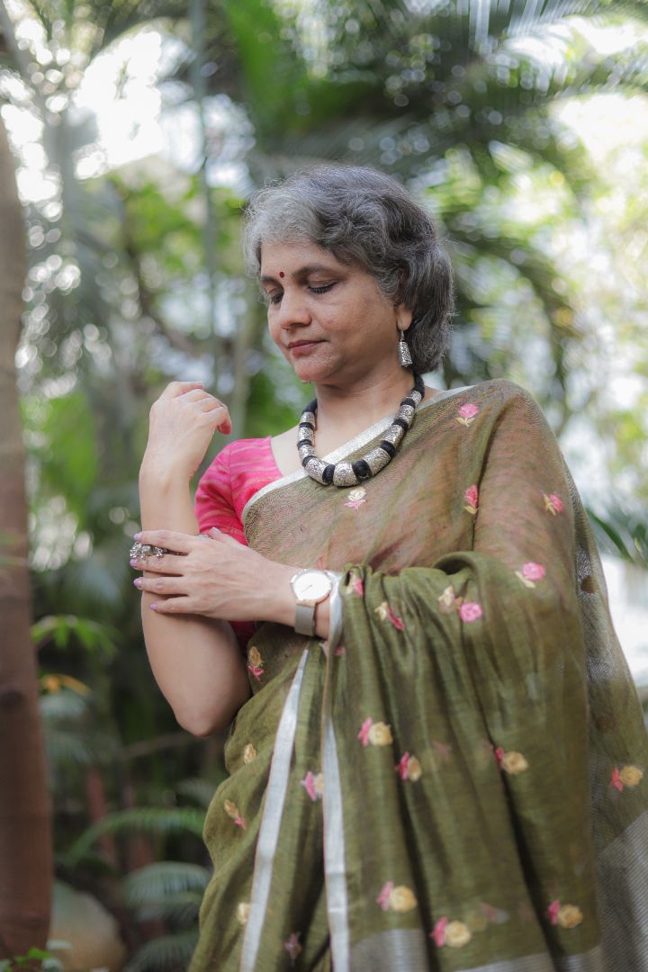 Light Green/Burgundy With Roses -Organic Linen