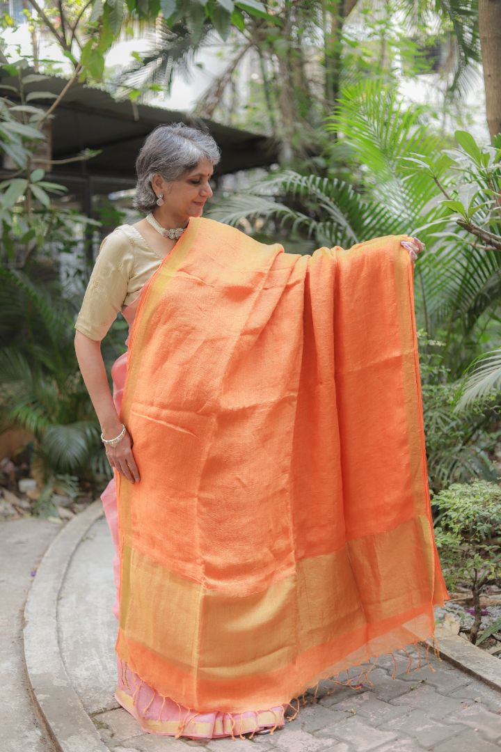 Pink/Orange/Green Shade - Silk Linen Zari Work Sarees