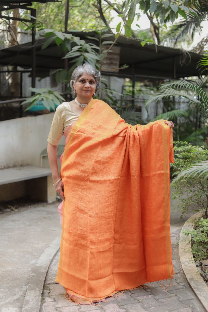 Pink/Orange/Green Shade - Silk Linen Zari Work Sarees