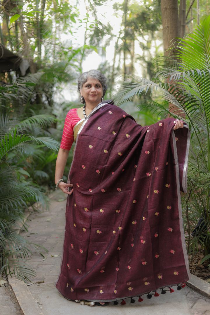 Light Green/Burgundy With Roses -Organic Linen