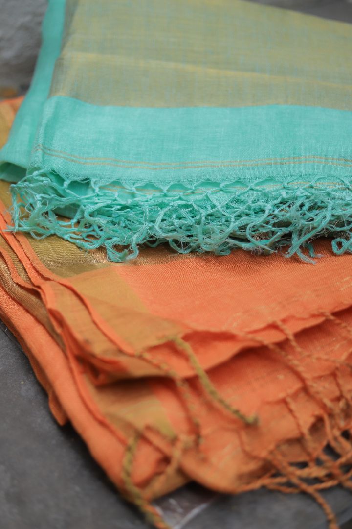 Pink/Orange/Green Shade - Silk Linen Zari Work Sarees