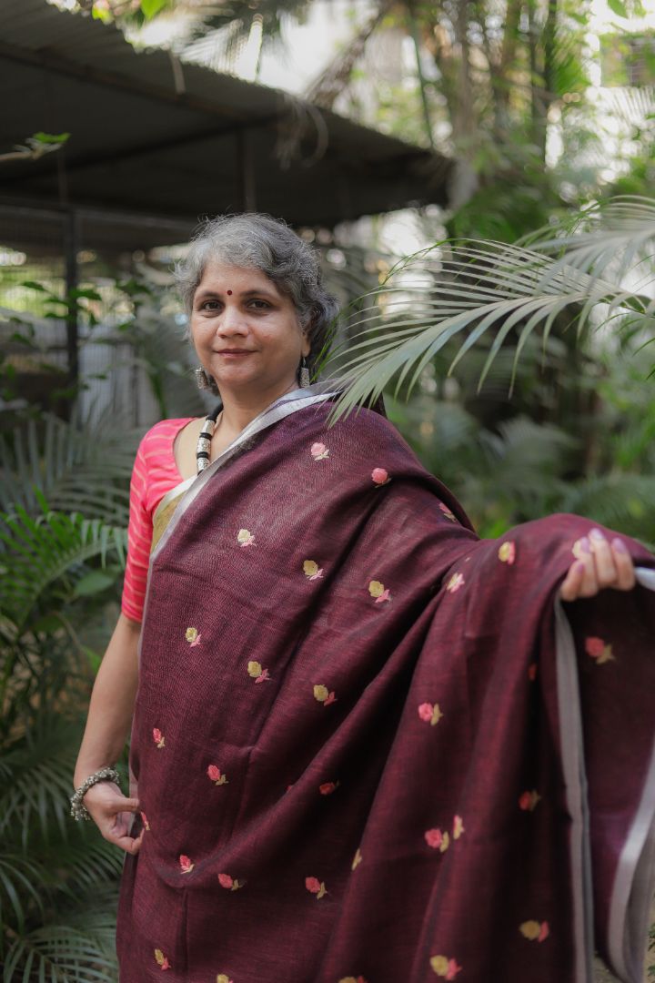 Light Green/Burgundy With Roses -Organic Linen