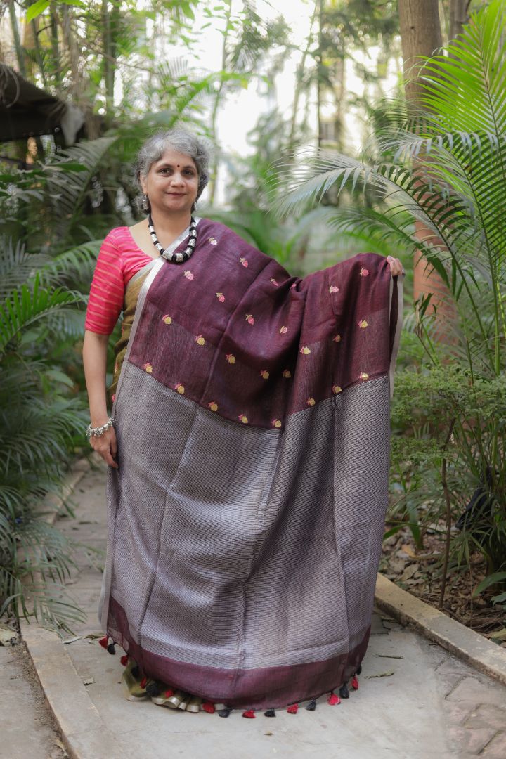 Light Green/Burgundy With Roses -Organic Linen