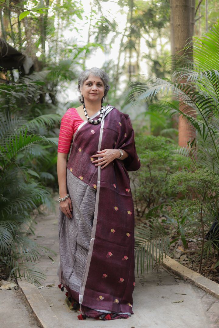 Light Green/Burgundy With Roses -Organic Linen