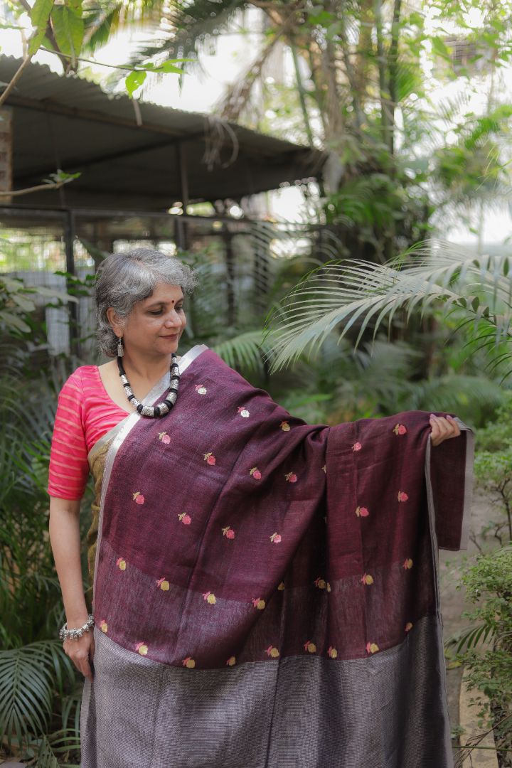 Light Green/Burgundy With Roses -Organic Linen