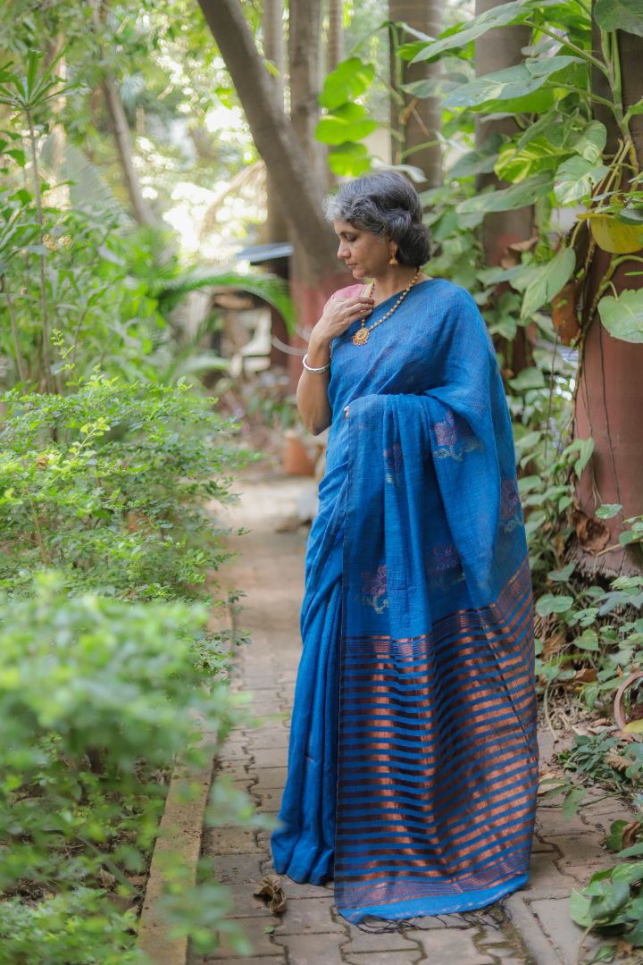 Blue/Green Shade - Rose Jamdani Saree