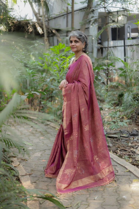 Pinkish Golden - Tissue Linen Jamdani