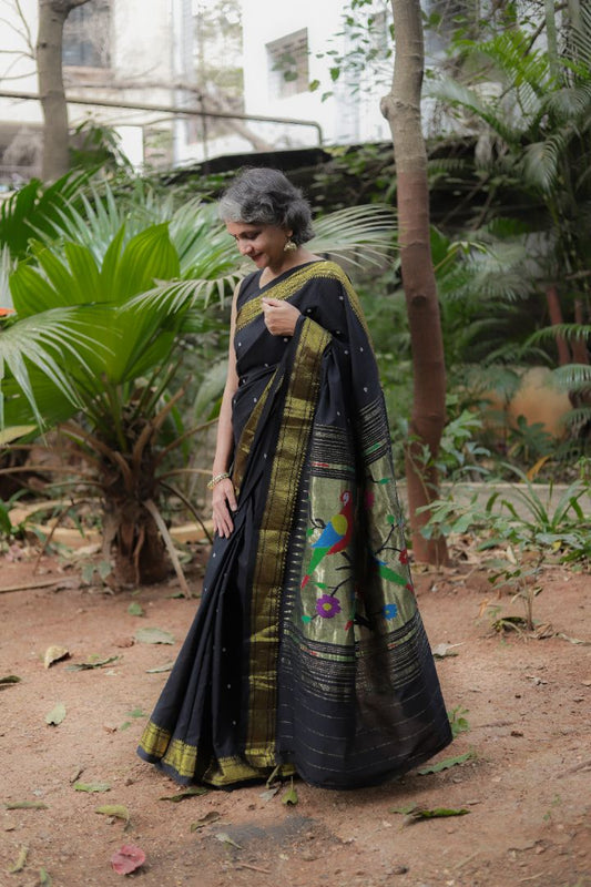 Black Cotton Handloom - Paithani Saree