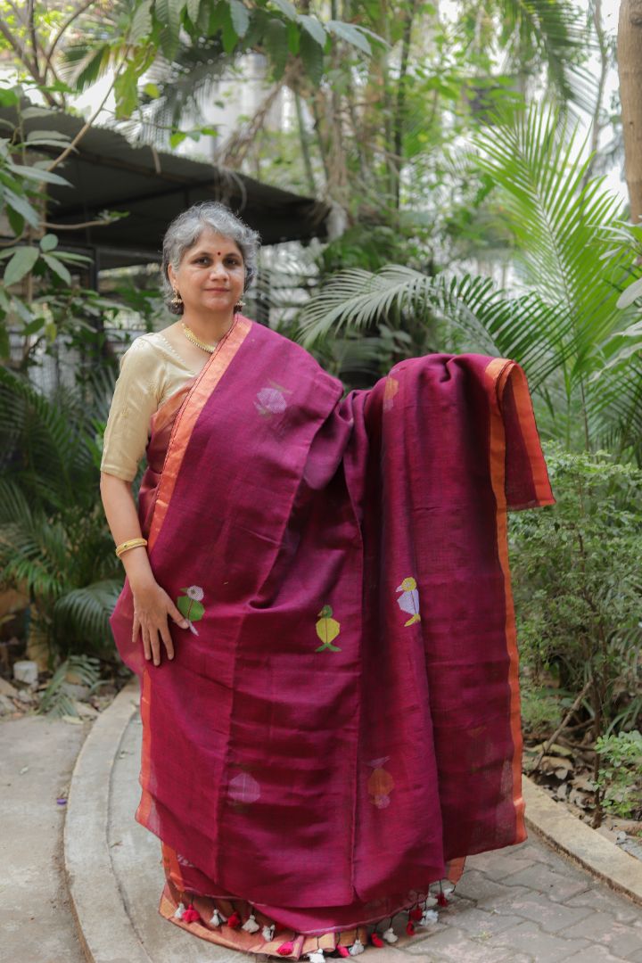 Black /Dark Pink- Linen jamdani saree