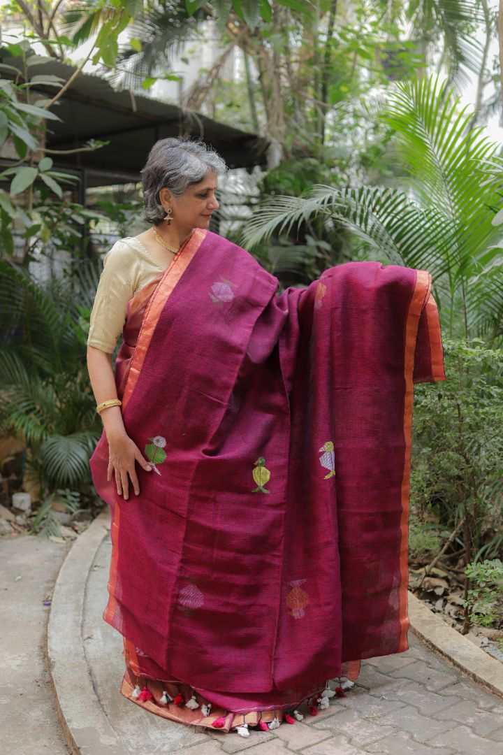 Black /Dark Pink- Linen jamdani saree