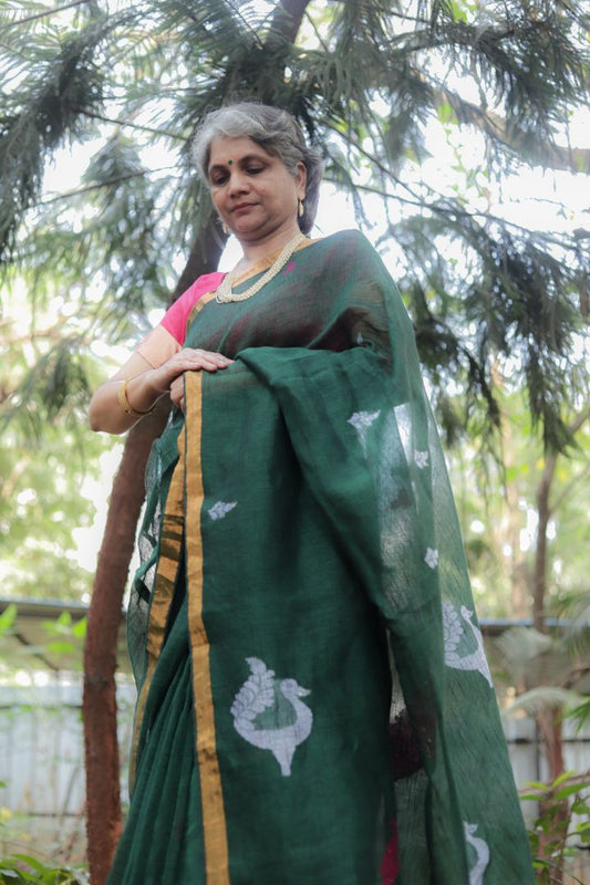 Green Colour Hand Woven Soft Pure Linen Jamdani Saree