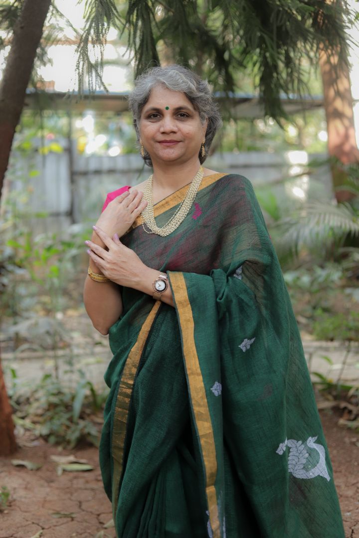 Green Colour Hand Woven Soft Pure Linen Jamdani Saree