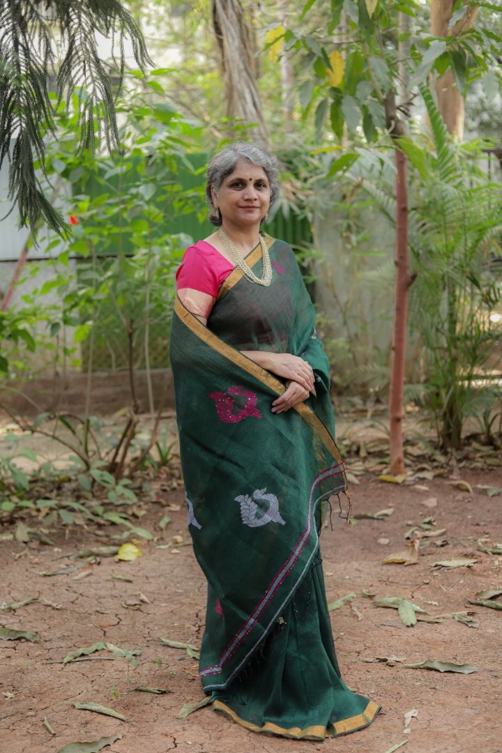 Green Colour Hand Woven Soft Pure Linen Jamdani Saree