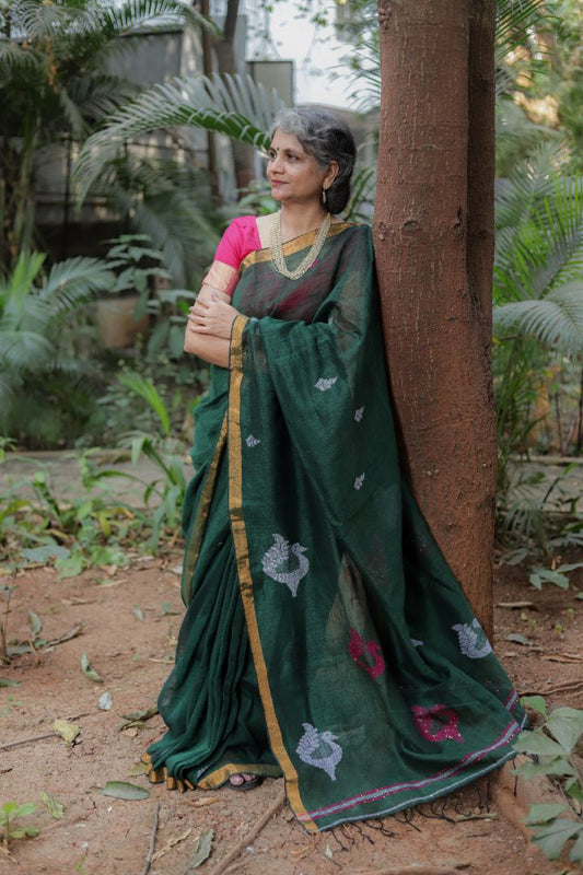 Green Colour Hand Woven Soft Pure Linen Jamdani Saree