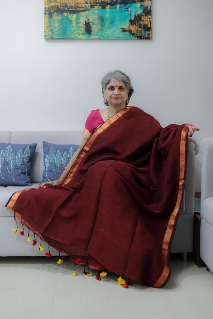 Deep Maroon/Red Organic Linen | Thin Copper Jori Border