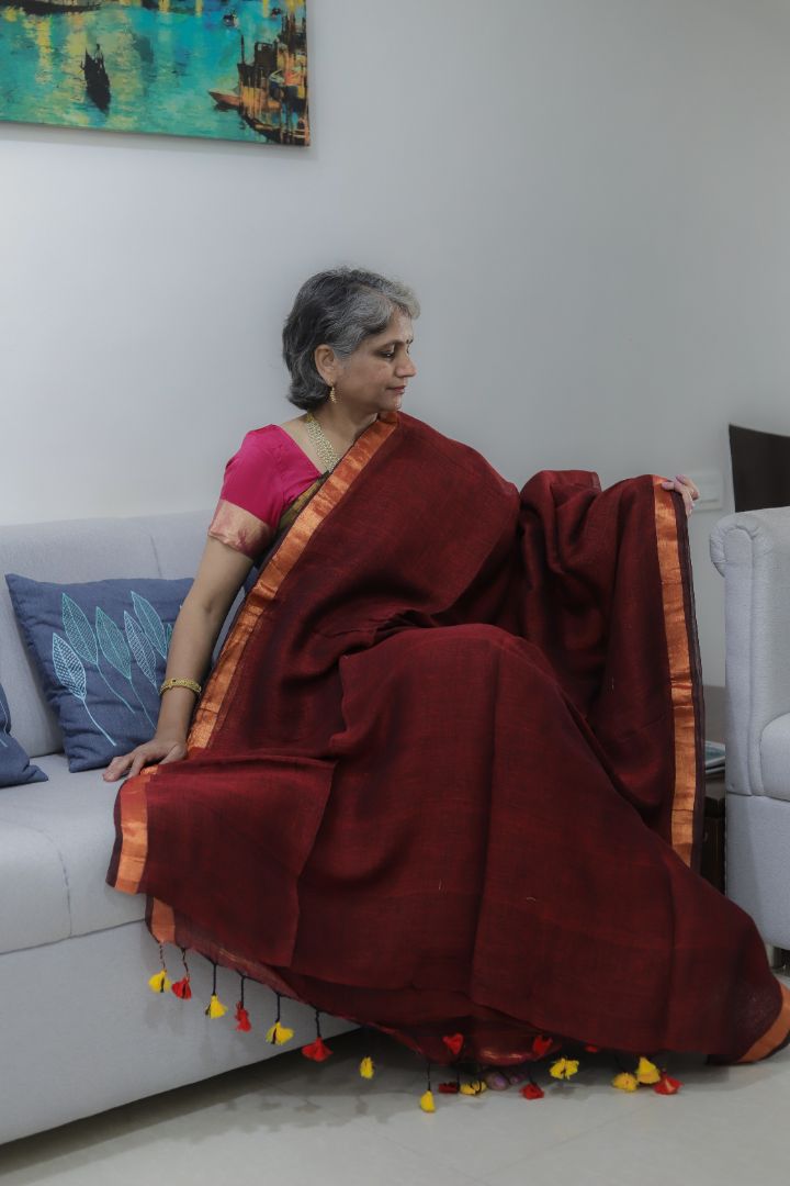 Deep Maroon/Red Organic Linen | Thin Copper Jori Border