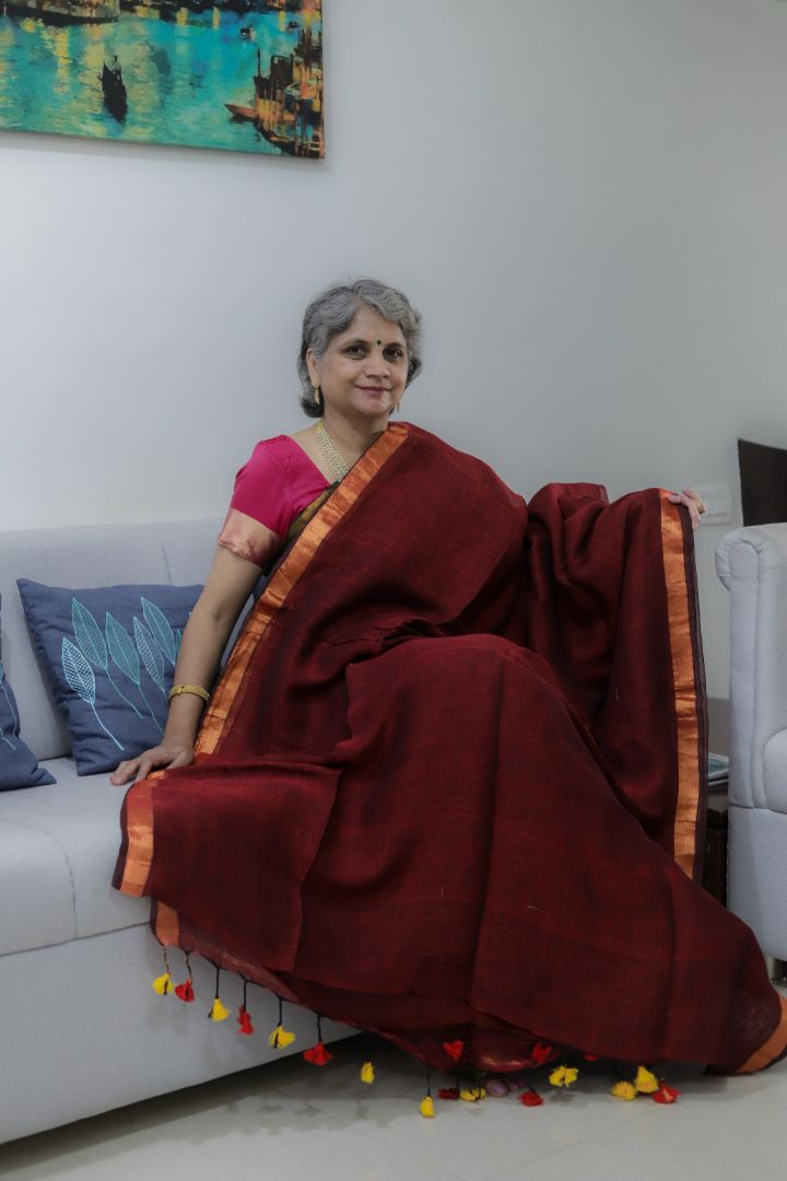 Deep Maroon/Red Organic Linen | Thin Copper Jori Border